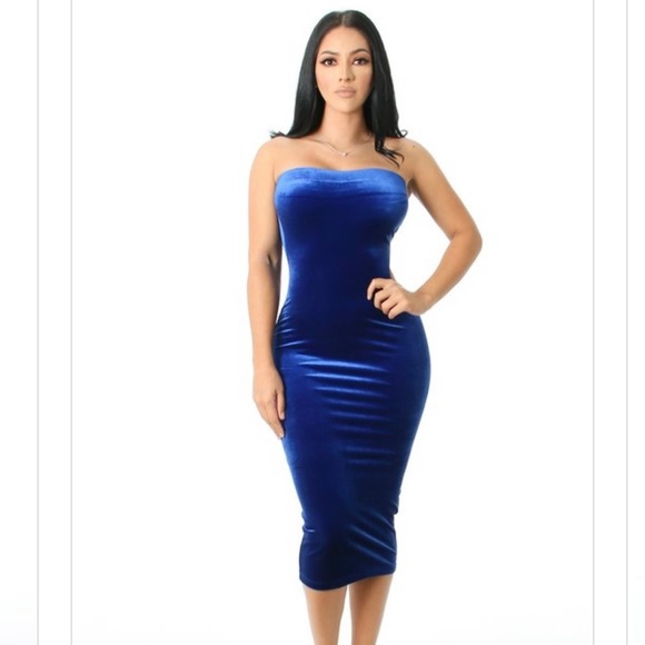 Blue velour velvet  Bodycon tube style midi dress - Picture 1 of 2